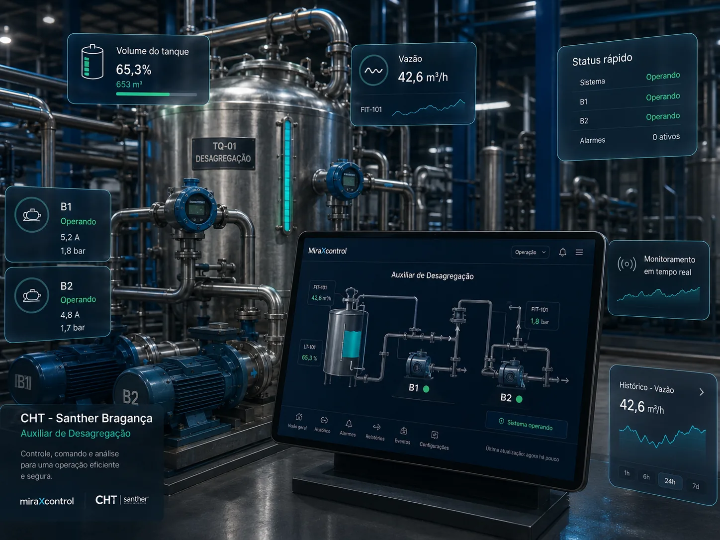 Imagem ilustrativa do caso de sucesso Suzano e Ecolab com monitoramento de tanque, duas bombas dosadoras e vazão de sulfato