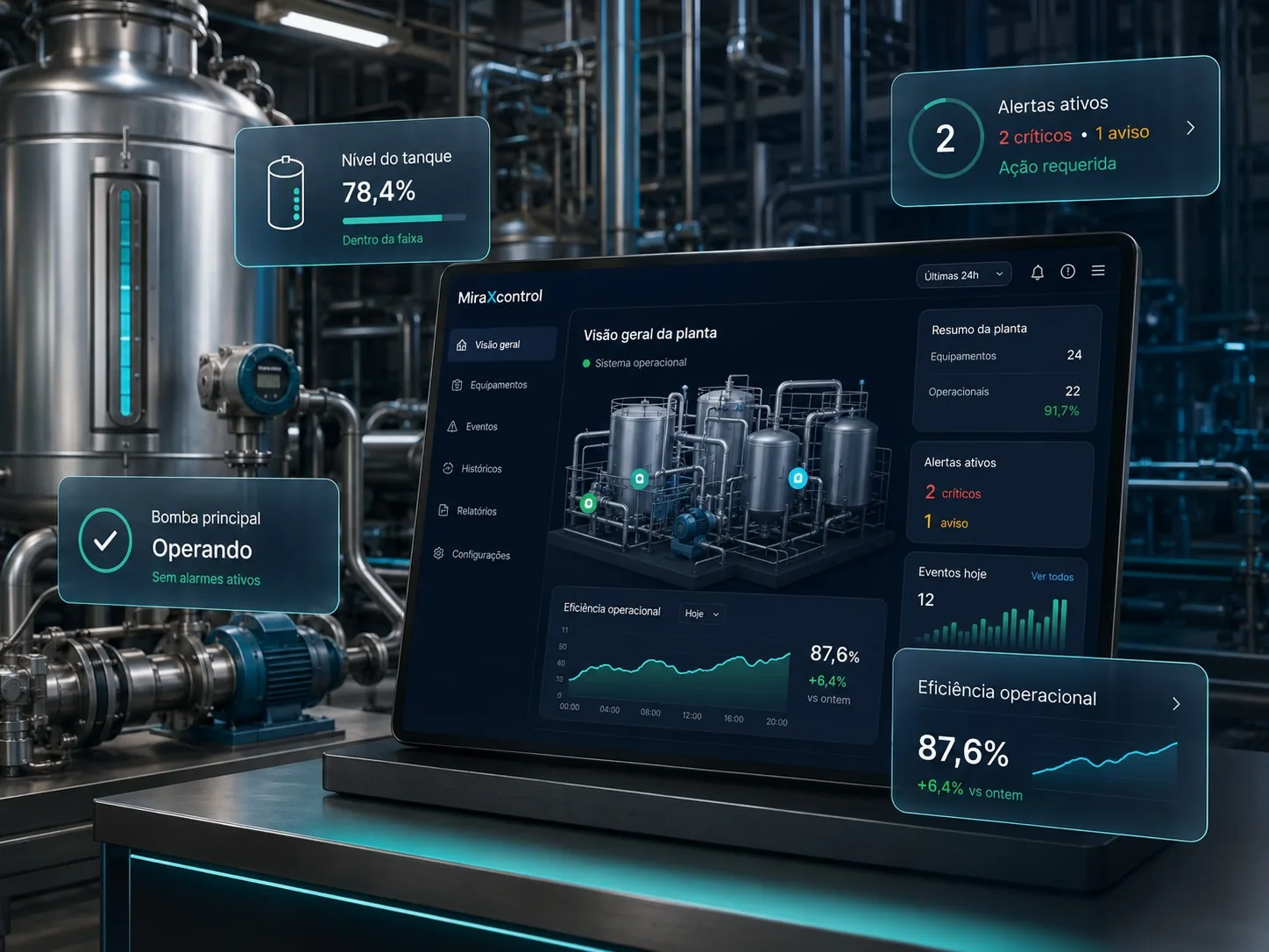 Ambiente industrial conectado ao MiraXcontrol para monitoramento remoto de equipamentos e processos em tempo real